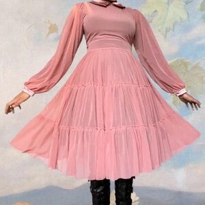 Sheer Mesh Peach Tiered Midi Dress